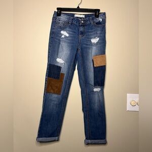 Faux suede patchwork jeans straight leg